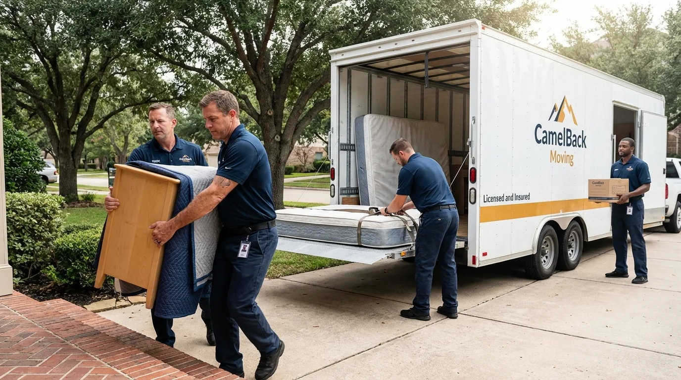 Crew loading residential truck for cross-state move from Greenfield, CA