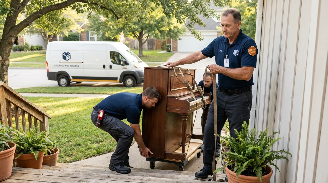 Licensed piano movers securing grand piano in Greenfield, CA
