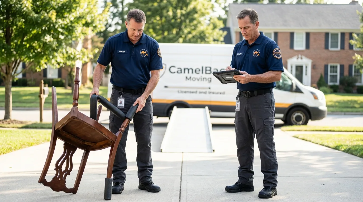 Movers inspecting furniture for damage prevention before loading in Greenfield, CA