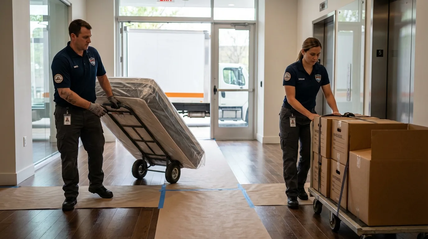Professional apartment movers loading elevator in Greenfield, CA