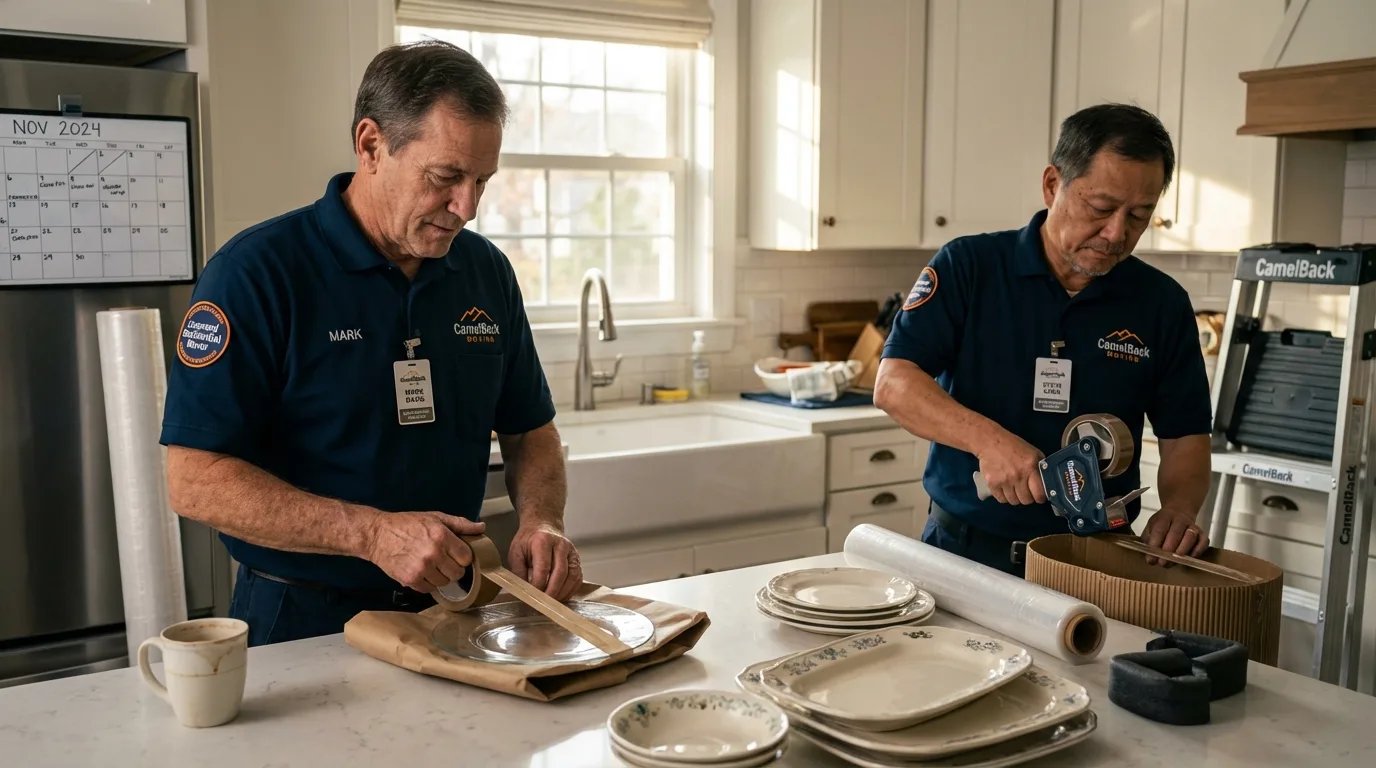 Professional crew packing kitchen dishware in Greenfield, CA